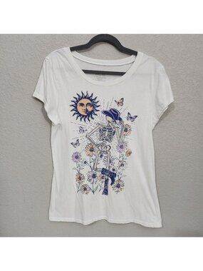 Cowboy Skeleton Graphic Tee With Sun Flowers & Butterflies White Social Edition